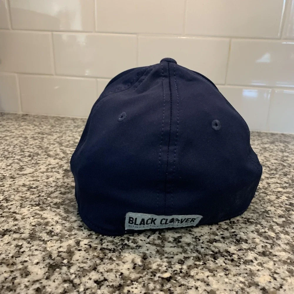 Black Clover Hat Cap Fitted Mens L/XL Navy Blue Live Lucky Embroidered Clover